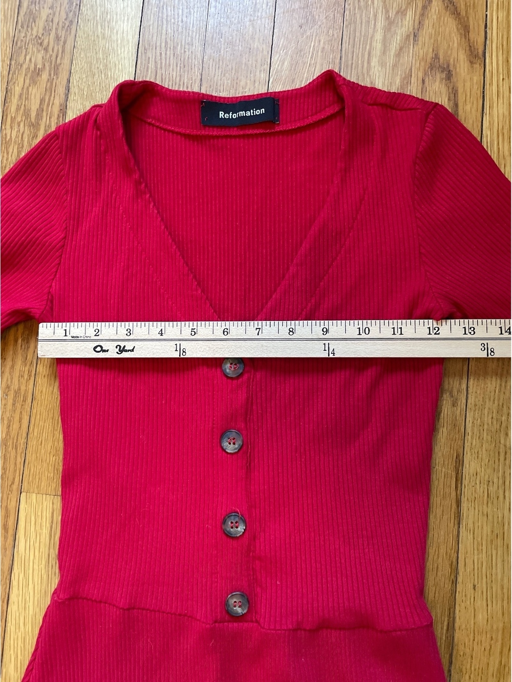 Reformation Red Ribbed Button Front V-Neck Mini Dress Short Sleeve Tencel Size S - Picture 6 of 8